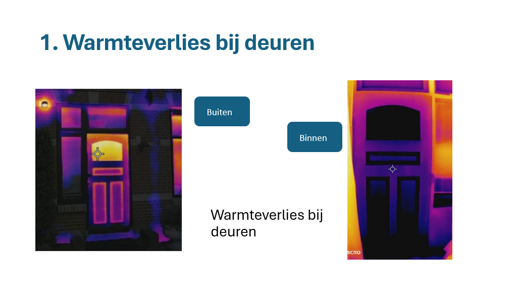 Dit plaatje laat zien dat er veel warmteverlies bij de deur is. Het raampje in de deur is donker blauw en ook de panelen in de deur zijn kouder dan de omlijsting van de deur.